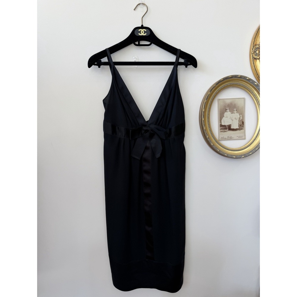 CHANEL BLACK SHEER SILK SATIN BOW COCKTAIL DRESS 38